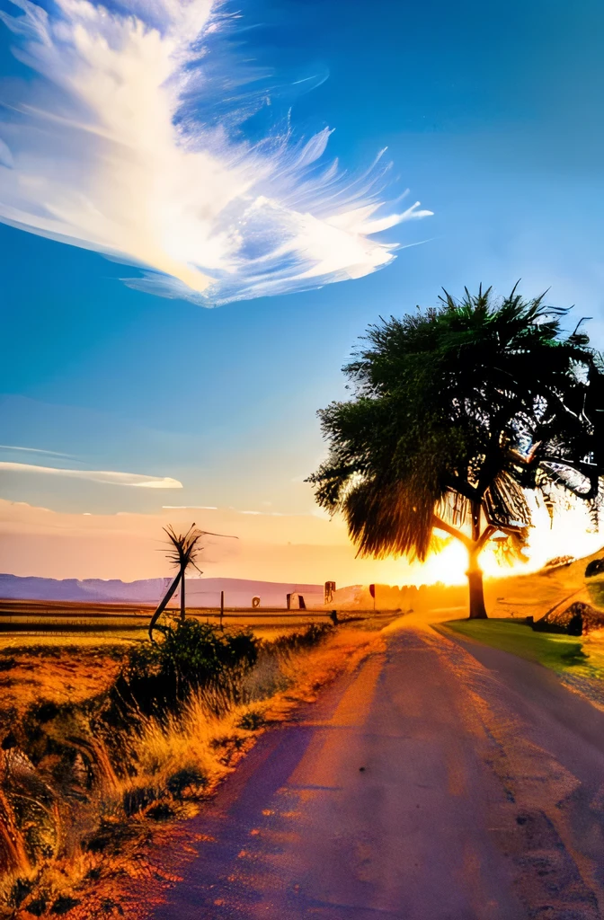 Rural indian landscape, Grass, Tree, lake, Dirt Road, Blue sky,Clouds,Ultra illumination, Optimal lighting, HD, masterpiece, high quality, high resolution, Best quality, artwork, Super quality, Tree Details,real picture