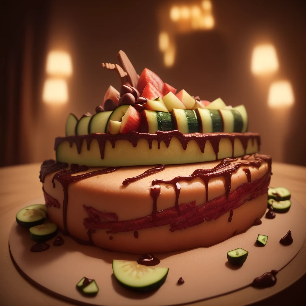 a beautifully detailed cake with zucchini, bacon, chocolate chips, caramel syrup, and apples, arranged artfully on the body of a tastefully nude woman, cinematic lighting, highly detailed, photorealistic, 8k, masterpiece