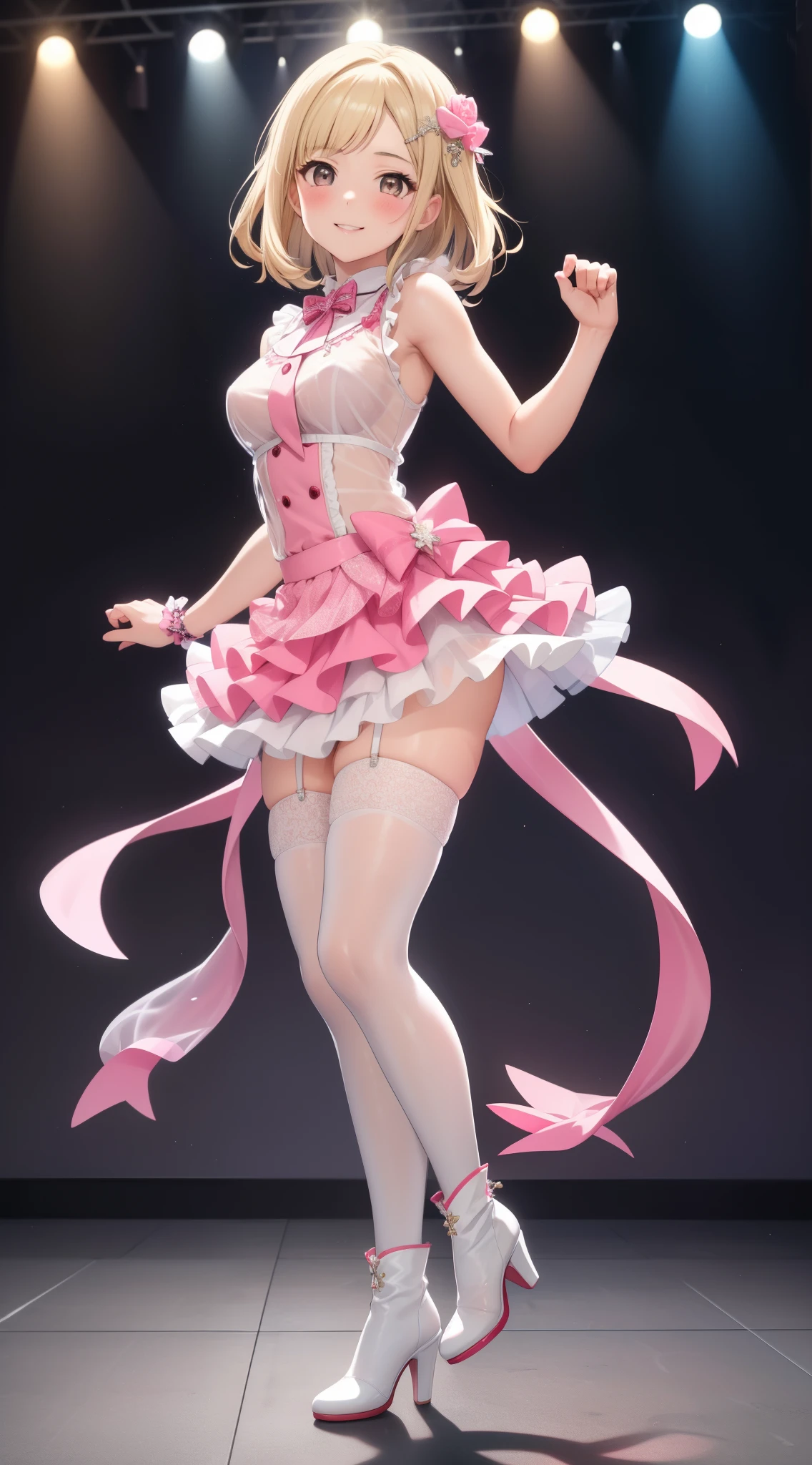 masterpiece, best quality, highly detailed, ultra high res, ayase arisa, 1girl, solo, hazel eyes, hair ornament, short ash blonde hair, (side tail), light smile, glossy lips, sleeveless idol dress, very puffy skirt, flared skirt, (see-through skirt:1.3), pink thigh highs, white heeled boots, full body