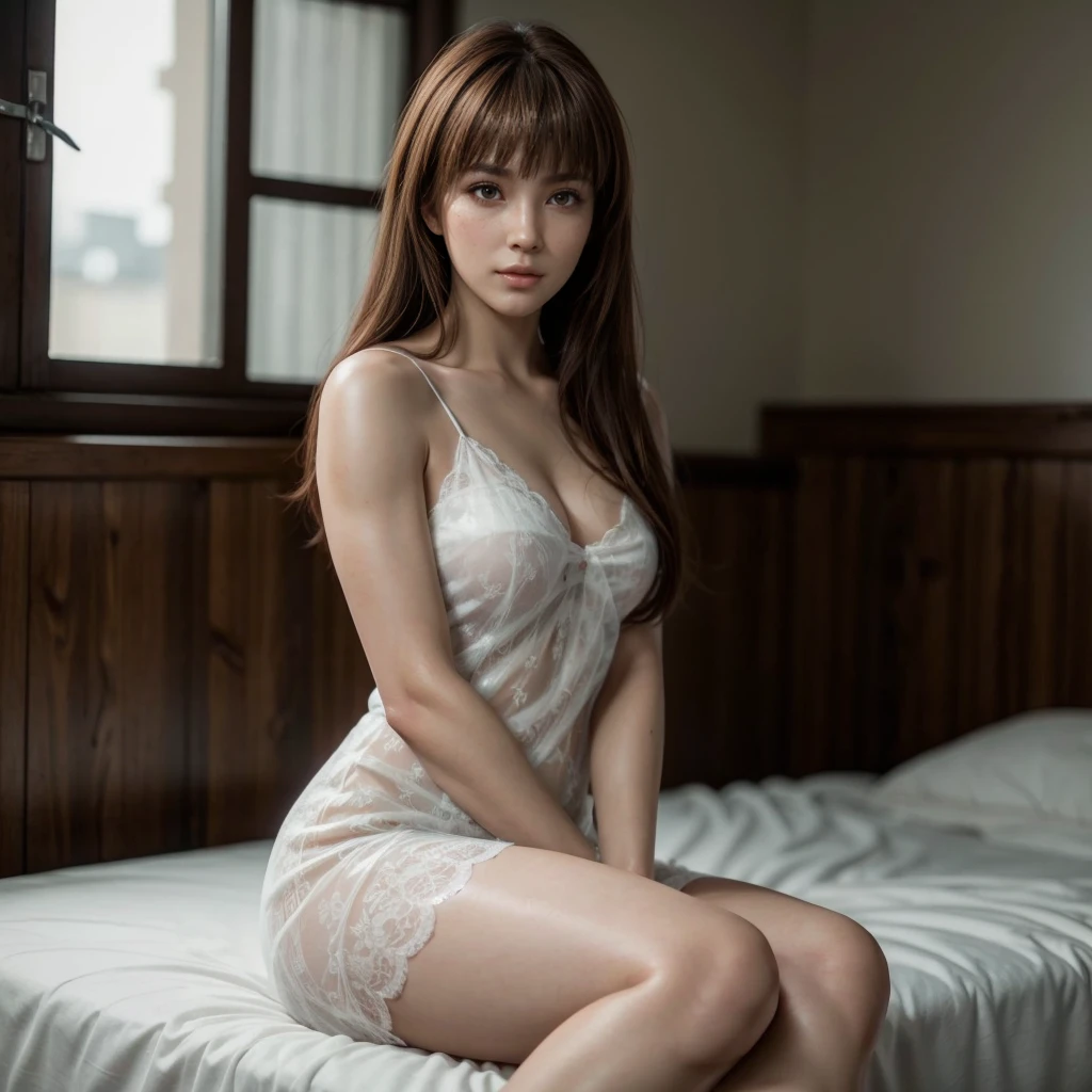 Kasumi, brown eyes, (best quality, ultra-detailed), (realistic:1.37), beautiful and detailed face, ultra-realistic texture, delicate face, delicate body, red lipstick, bright colors. High definition, 8K, well defined legs