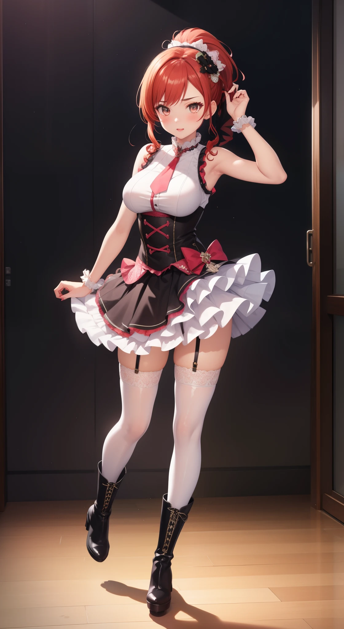 natural lighting, masterpiece, highly detailed, illustration, game CG, absurdres, high quality, medium breasts, 1girl, solo, redhead, hair ornament, ponytail, glossy lips, sleeveless idol dress, very puffy skirt, flared skirt, thigh highs, heeled boots, full body