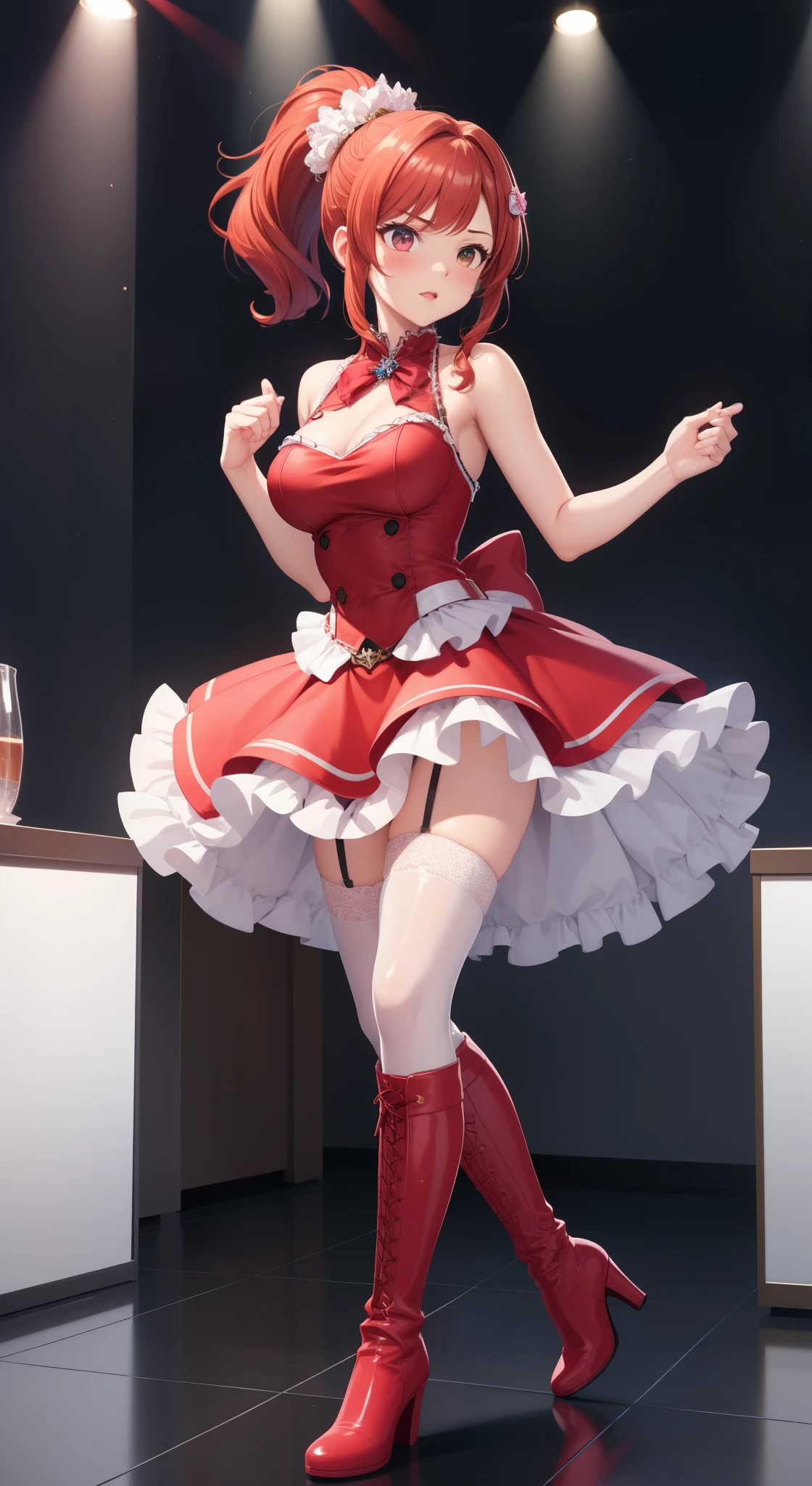 natural lighting, masterpiece, highly detailed, illustration, game CG, absurdres, high quality, medium breasts, 1girl, solo, redhead, hair ornament, ponytail, glossy lips, sleeveless idol dress, very puffy skirt, flared skirt, thigh highs, heeled boots, full body