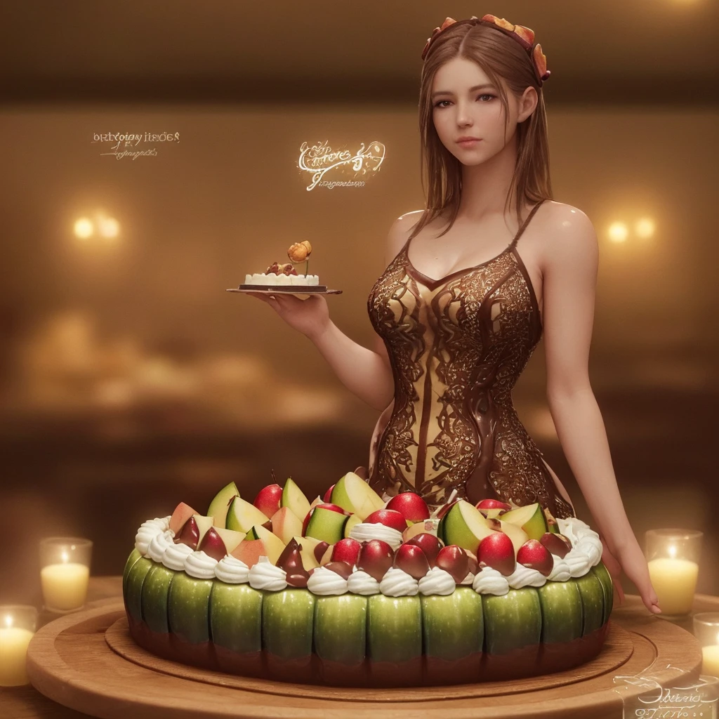 a beautifully detailed cake with zucchini, bacon, chocolate chips, caramel syrup, and apples, arranged artfully on a woman's body, highres, 8k, photorealistic, extremely detailed, intricate details, warm lighting, soft focus, natural colors, bakery, still life, food photography