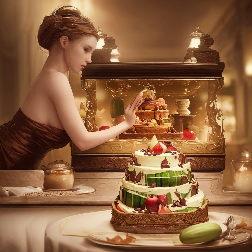 a beautifully detailed cake with zucchini, bacon, chocolate chips, caramel syrup, and apples, arranged artfully on a woman's body, highres, 8k, photorealistic, extremely detailed, intricate details, warm lighting, soft focus, natural colors, bakery, still life, food photography