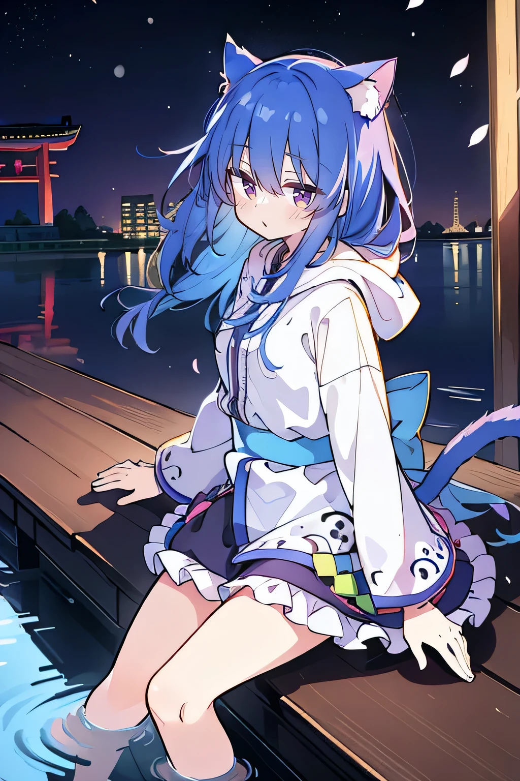 (masterpiece:1.2),Super detailed,lifelike,Expressive eyes,fair skin,perfect face shape,1 girl,
Japanese comics,Gorgeous blue hair,flowing blue hair,flowing clothes,Cat ears,Petals fall,beautiful lola,Baby Angel,
Shaking head with one hand,Cross your legs,Gentle and peaceful background,The pavilion is cool and comfortable,smile, wearing hoodie, background of tokyo,back views,snowing, winter,lie on the water.
