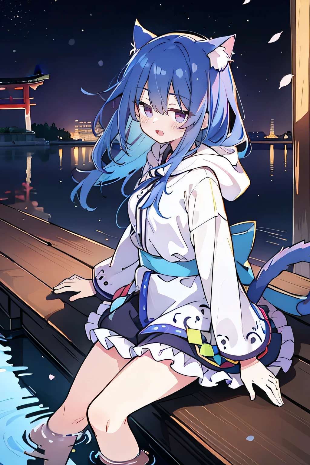 （masterpiece：1.2），Super detailed，lifelike，Expressive eyes，fair skin，perfect face shape，1 girl，
Japanese comics,Gorgeous blue hair,flowing blue hair,flowing clothes,Cat ears,Petals fall,beautiful lola,Baby Angel,
Shaking head with one hand，Cross your legs，Gentle and peaceful background，The pavilion is cool and comfortable,smile, wearing hoodie, background of tokyo,back views,snowing, winter,lie on the water.