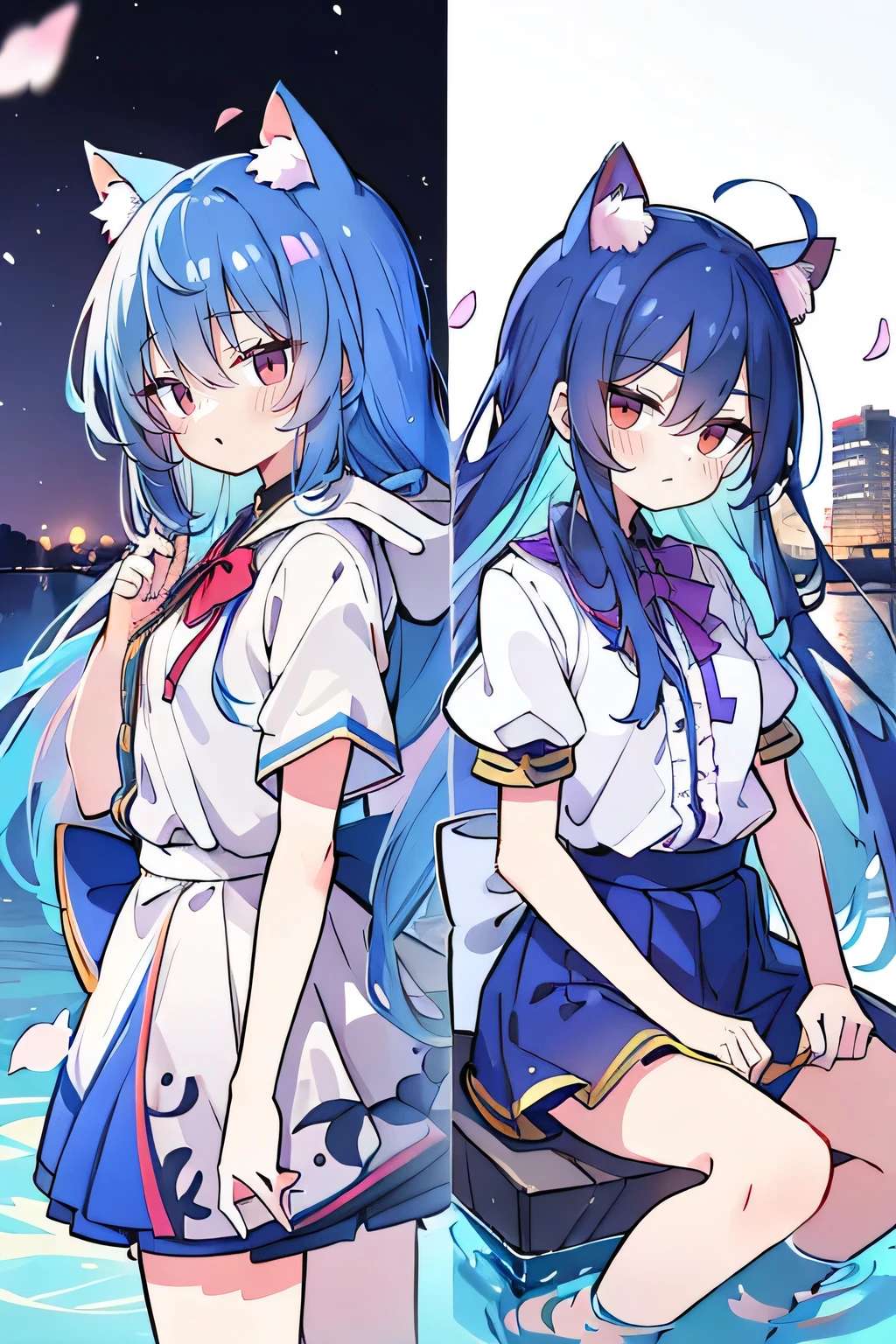 (masterpiece:1.2),Super detailed,lifelike,Expressive eyes,fair skin,perfect face shape,1 girl,
Japanese comics,Gorgeous blue hair,flowing blue hair,flowing clothes,Cat ears,Petals fall,beautiful lola,Baby Angel,
Shaking head with one hand,Cross your legs,Gentle and peaceful background,The pavilion is cool and comfortable,smile, wearing hoodie, background of tokyo,back views,snowing, winter,lie on the water.
