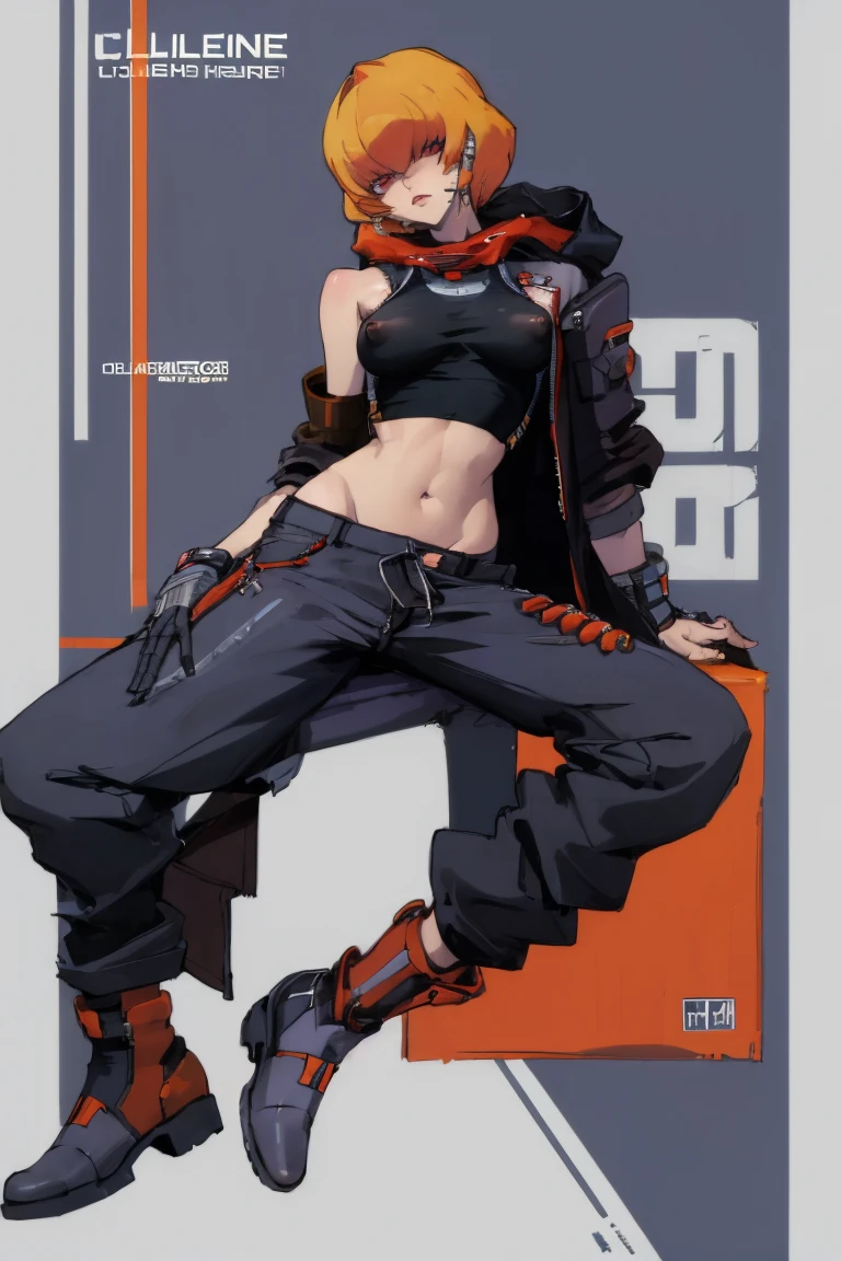 ((highest quality)), ((masterpiece)), (be familiar with),Clementine,Overload,nsfw,Sleeveless hoodie,shirt,pants,Alluring,whole body,boots,coat,Erect nipples, cyber punk,SF