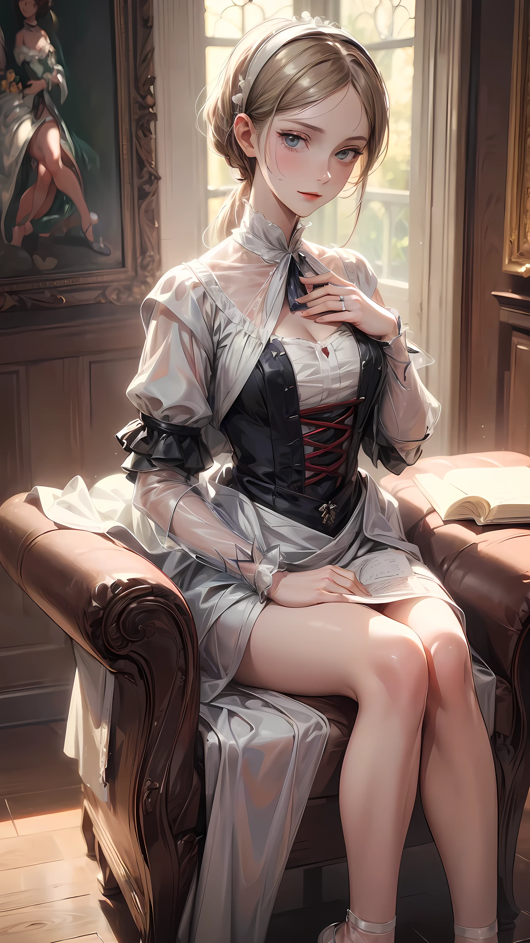 Florence Nightingale, (Ballet Costumes), sit on the chair, Smiling at the camera, White formal shirt, Loose button collar, Nipple lumps, Long dispersion, (Fine quality illustrations: 1.4), (renaissance art: 1.4), (Ultra-high resolution: 1.2), (Photorealism: 1.4), (8K, RAW photos: 1.2), (Soft Focus: 1.4), ( 18 years old: 1.3), (Clear focus: 1.4), Beautiful face,Attention to detail, Pure rose face_V1