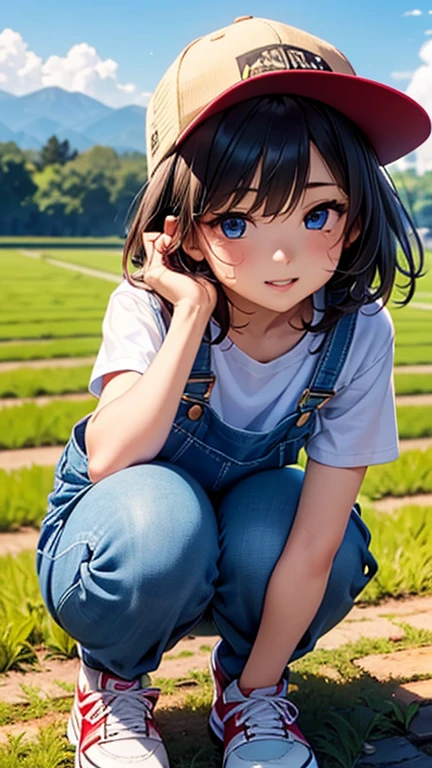 A girl is posing for a photo,pretty girl,Enchanting girl,Anime Girls,
(((One Girl,16 years oing eyes,blue eyes),(Small breasts),
(Shiny Blue Overalls:1.2、Shorts、White T-shirt:1.4、sneakers),(Trucker Hat),
BREAK
(Beautiful Hair,Shiny Hair),((Black Hair))、Hair blowing in the wind、Wavy Hair、short hair),
(Expression of fine eyes,Beautiful and delicate eyes,Sparkling eyes,Eye Reflexes),
(double eyelid,Long eyelashes),
(Beautiful Nose,Thin Nose),
(Glossy lips,Beautiful Lips,Thick lips),
(Symmetrical facial features,Perfect Face),(((Detailed skin,Oily skin,Textured skin,Beautiful Skin))),
break
(smile,Close ~ eyes),
((noon、Country Road、Paddy field)),((squat、Spread your hands to the left and right、upper body shot)),
break
(((highest quality)),((masterpiece)),((Very detailed))),((High resolution),(8k),(16k,1080p),(Anime 2D Rendering)),(Anatomically correct),
((Realistic)), (The best CG),Highly detailed art,CG illustration,