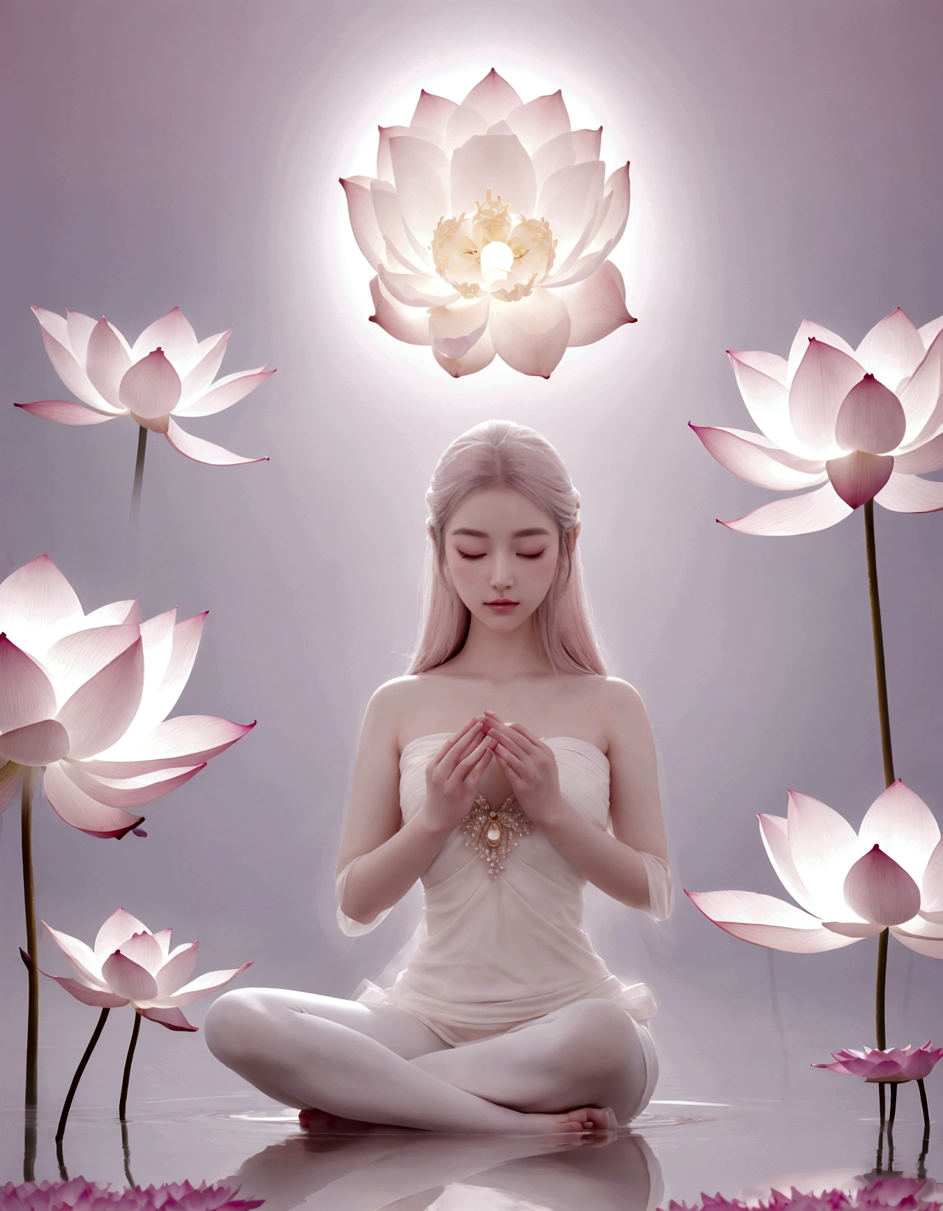 "A premium high-resolution photograph showcasing a graceful woman in a lotus pose, surrounded by giant, pale pink lotus flowers that seem to float in a dreamy mist. The colors are soft and ethereal, with an emphasis on pale pinks, whites, and pastels. The lighting is soft and diffused, creating a sense of peace and tranquility. The photograph has a mysterious and enigmatic mood and feeling, focusing on inner peace and serenity. The woman's face shows tranquility, and her eyes are closed, reflecting inner calmness. The photograph should be rich in detail, with exquisite lotus petals, mist, and lighting, highlighting composition with the woman placed in the center of the image, creating balance and a relaxing, peaceful feeling for the viewer."