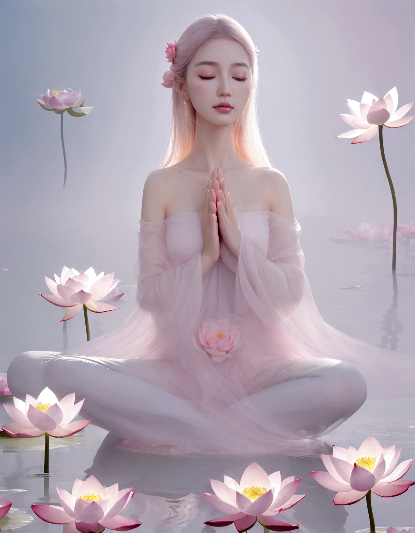 "A premium high-resolution photograph showcasing a graceful woman in a lotus pose, surrounded by giant, pale pink lotus flowers that seem to float in a dreamy mist. The colors are soft and ethereal, with an emphasis on pale pinks, whites, and pastels. The lighting is soft and diffused, creating a sense of peace and tranquility. The photograph has a mysterious and enigmatic mood and feeling, focusing on inner peace and serenity. The woman's face shows tranquility, and her eyes are closed, reflecting inner calmness. The photograph should be rich in detail, with exquisite lotus petals, mist, and lighting, highlighting composition with the woman placed in the center of the image, creating balance and a relaxing, peaceful feeling for the viewer."