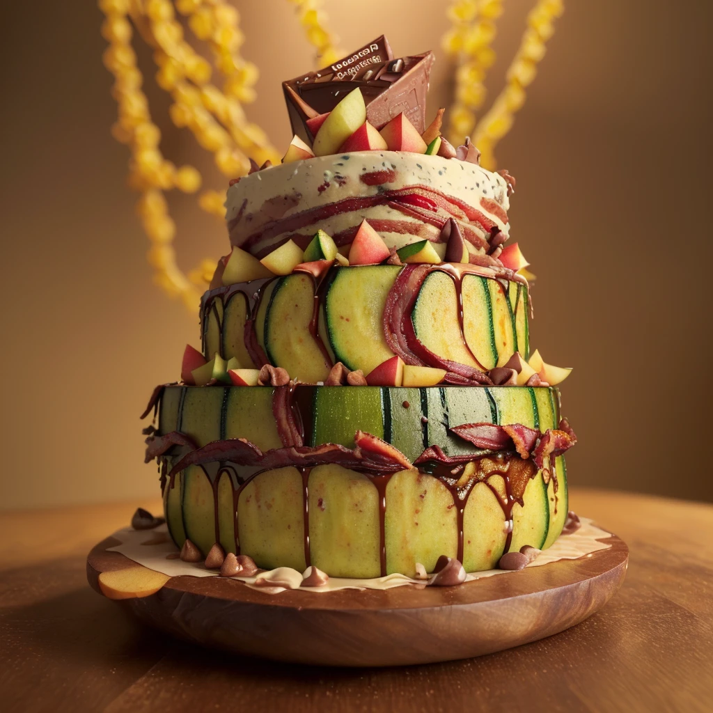 a beautifully detailed cake with zucchini, bacon, chocolate chips, caramel syrup, and apples, arranged artfully on a woman's body, highres, 8k, photorealistic, extremely detailed, intricate details, warm lighting, soft focus, natural colors, bakery, still life, food photography
