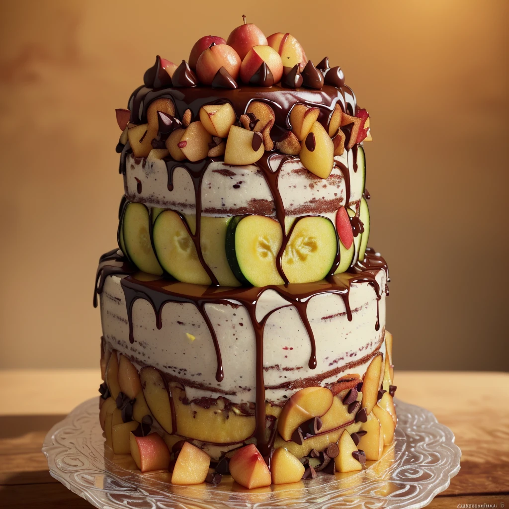 a beautifully detailed cake with zucchini, bacon, chocolate chips, caramel syrup, and apples, arranged artfully on a woman's body, highres, 8k, photorealistic, extremely detailed, intricate details, warm lighting, soft focus, natural colors, bakery, still life, food photography
