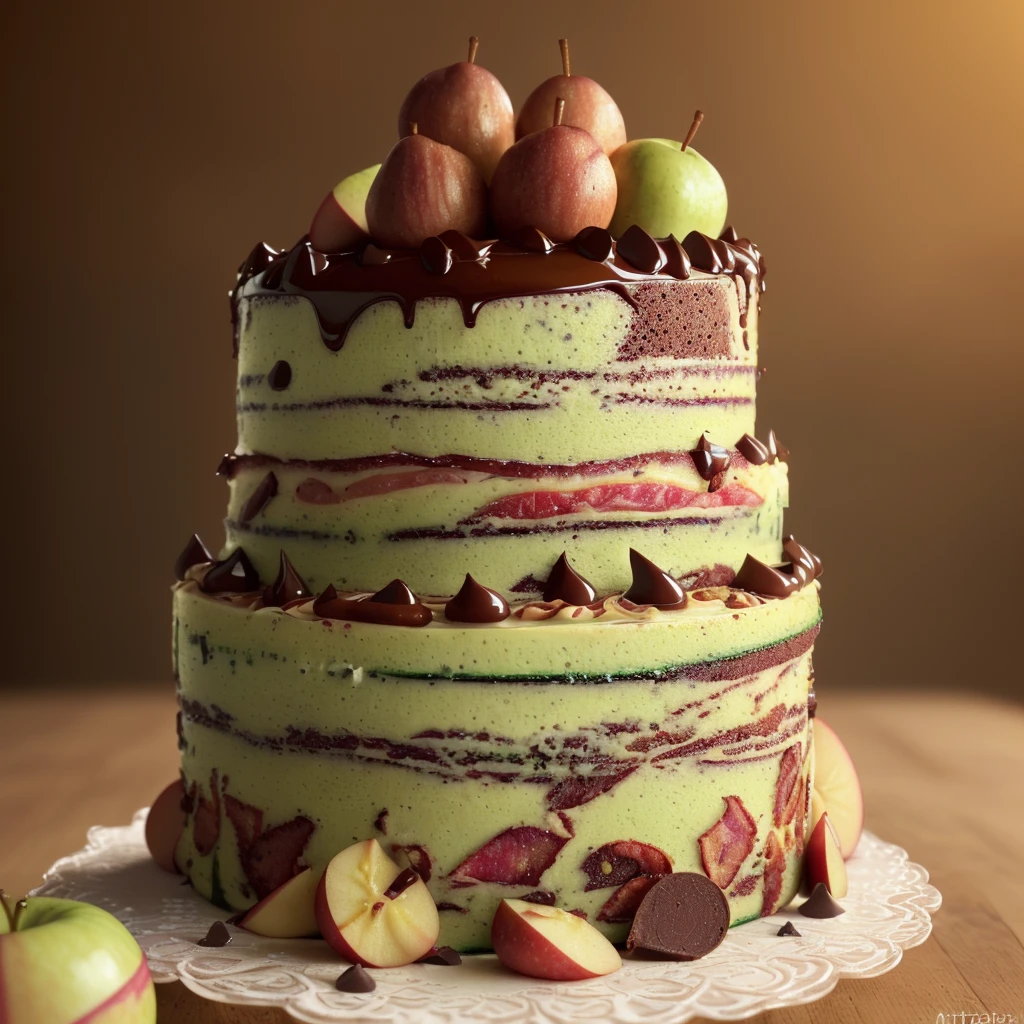 a beautifully detailed cake with zucchini, bacon, chocolate chips, caramel syrup, and apples, arranged artfully on a woman's body, highres, 8k, photorealistic, extremely detailed, intricate details, warm lighting, soft focus, natural colors, bakery, still life, food photography