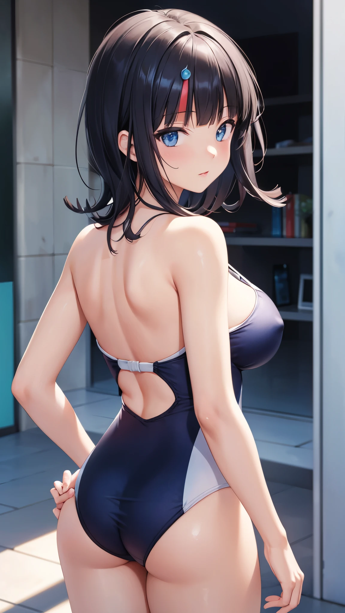 masterpiece, great quality, ultra detail, illustration, game cg, 1girl, solo, (FGOErice), collarbone, cleavage, blush, outside, (one-piece swimsuit), looking back at viewer, skinny