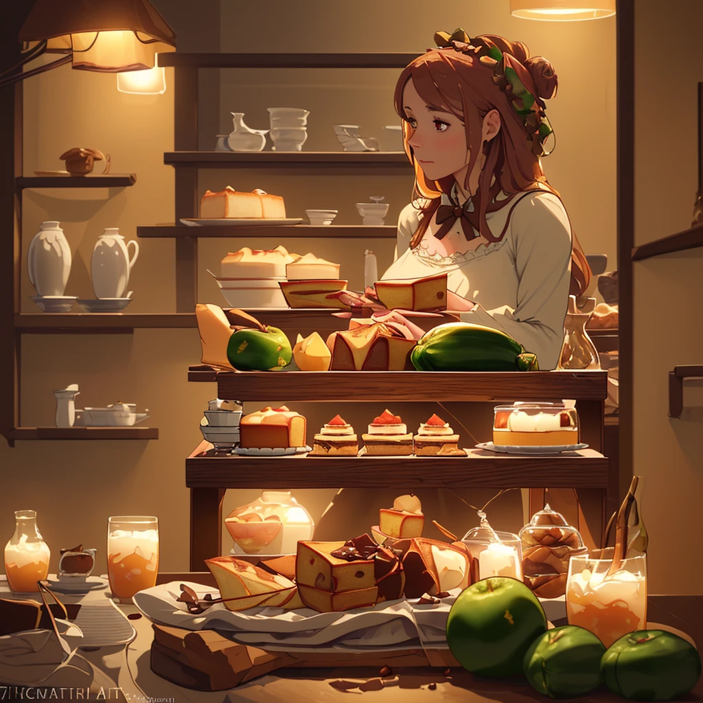 a beautifully detailed cake with zucchini, bacon, chocolate chips, caramel syrup, and apples, arranged artfully on a woman's body, highres, 8k, photorealistic, extremely detailed, intricate details, warm lighting, soft focus, natural colors, bakery, still life, food photography