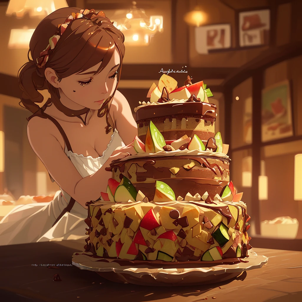 a beautifully detailed cake with zucchini, bacon, chocolate chips, caramel syrup, and apples, arranged artfully on a woman's body, highres, 8k, photorealistic, extremely detailed, intricate details, warm lighting, soft focus, natural colors, bakery, still life, food photography