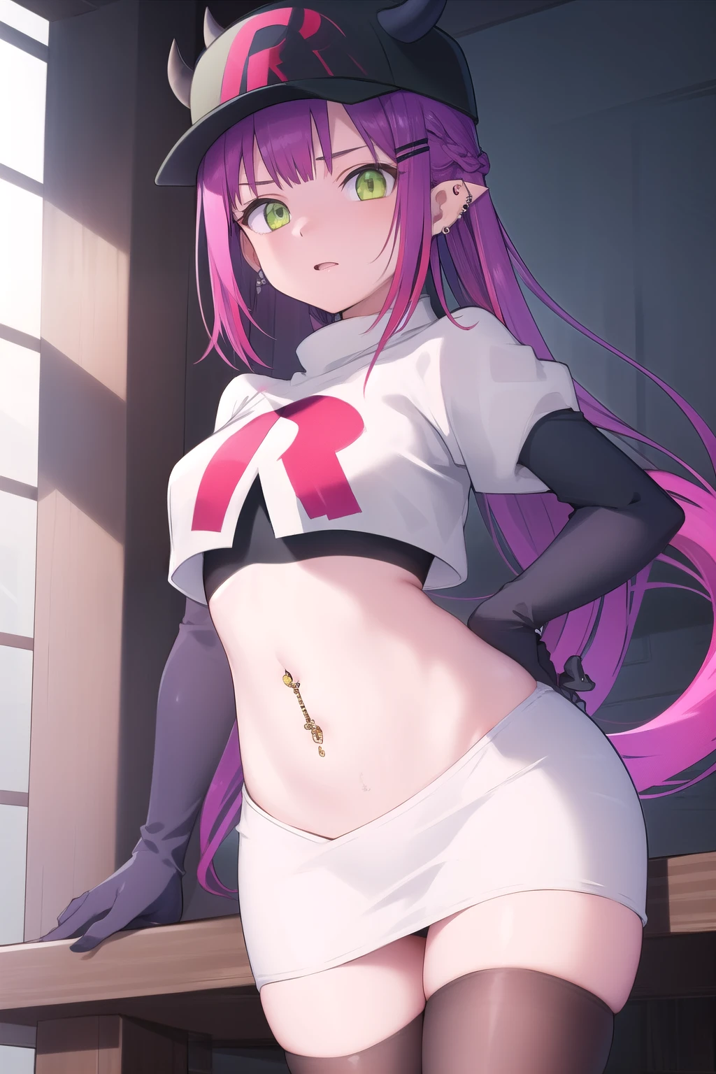 ((masterpiece)),(best quality),official art,extremely detailed CG,unity 8k wallpaper,ultra detailed,1girl,solo,cowboy shot,tokoyami towa,baseball cap,black headwear,colored inner hair,demon girl,demon tail,ear piercing,fake horns,green eyes,hair ornament,hairclip,hat,horned headwear,long hair,multicolored hair,navel piercing,pink hair,pointy ears,purple hair,sidelocks,twintails,streaked hair,tail ornament,tail piercing,team rocket,team rocket uniform,white skirt,red letter R,crop top,black thigh-highs,black elbow gloves