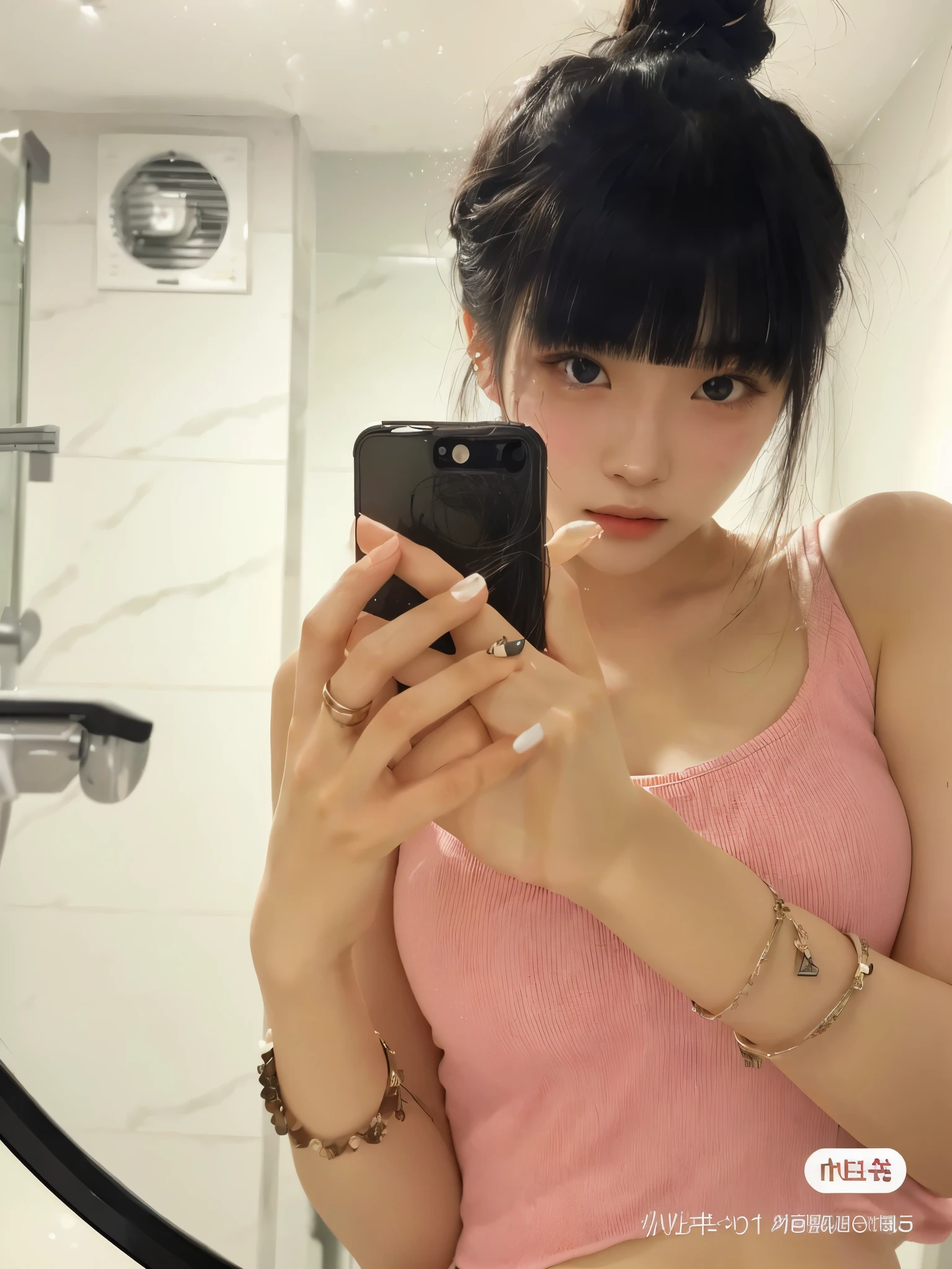 there is a woman taking a selfie in a bathroom mirror, ulzzang, 19-year-old girl, 8k selfie photograph, xision wu, xintong chen, 18 years old, 2 2 years old, sha xi, Yoshitomo Nara, 21 years old, photo of slim girl, e - girl