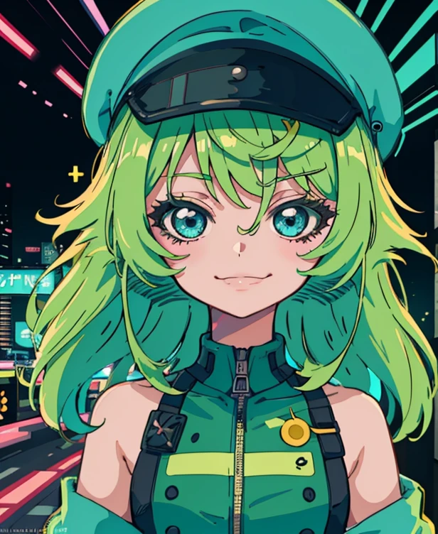 anime girl with a cap and a nask, green messy hair, street background in neon pink and blue colors, stickers, smirk face