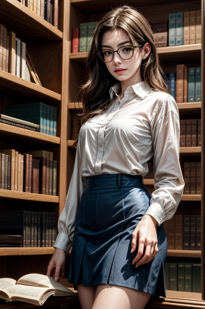 Amidst the shelves full of books in the large library, Stunning Anne Hathaway Howard turns heads. Her delicate face is framed by large prescription glasses., that accentuate your intelligence and charm. Hair is carefully combed, complementing your natural elegance. Seios nus, She wears an impeccable white dress shirt, whose open buds glow softly in the soft ambient light, and a very short blue skirt that highlights her graceful curves. Concentrada, ela percorre as prateleiras, os dedos finos deslizando sobre as lombadas dos livros, searching for a specific title. Her presence exudes a captivating blend of classical beauty and intellectual sophistication., making it an unforgettable sight.