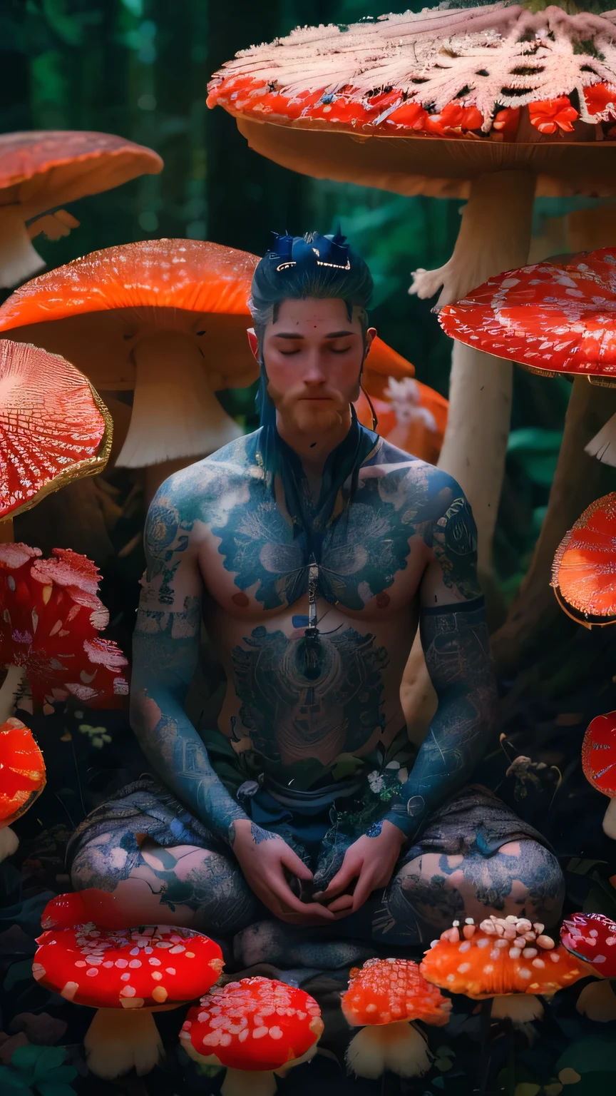 SUBJECT: white male, European ANALYSIS: Specimen engages in a meditative ritual of silence among flora, possibly for psychic symbiosis. Marks on the epidermis can indicate tribal affiliation or status, shaman tattoos. Surrounding fungal life forms red fly agaric ADVENTURE: a symbolic act of harmony with the natural elements.