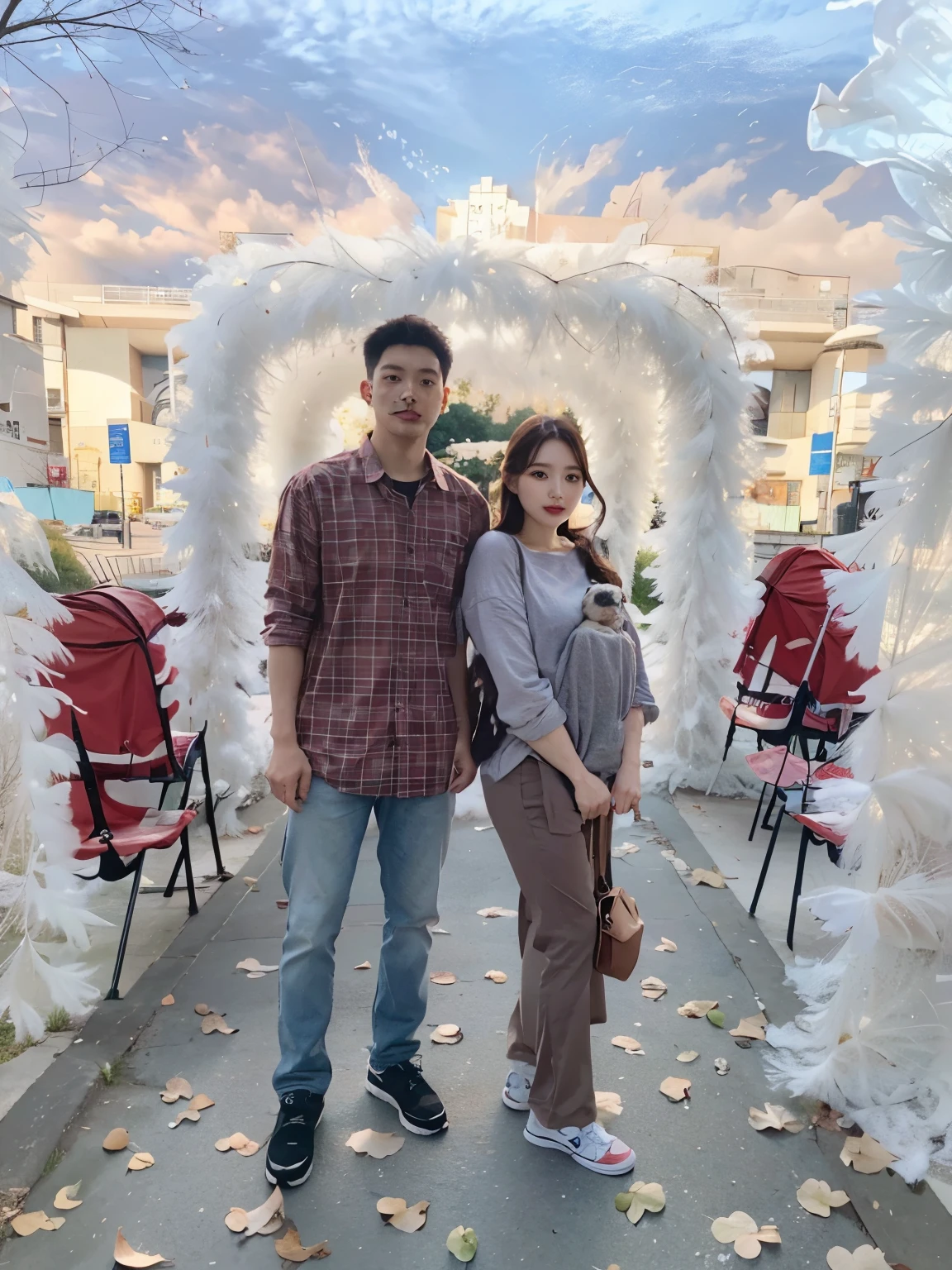 There is a man and a woman holding a baby in the park, Happy family, husband wife and son, ruan jia and brom, 2 8 years old, Family, 3 2 - year - old, 2 9 years old, 3 6 years old, at park, steve zheng, 2 7 years old, stanley lau, 38 years old, park in background。Manhwa Style