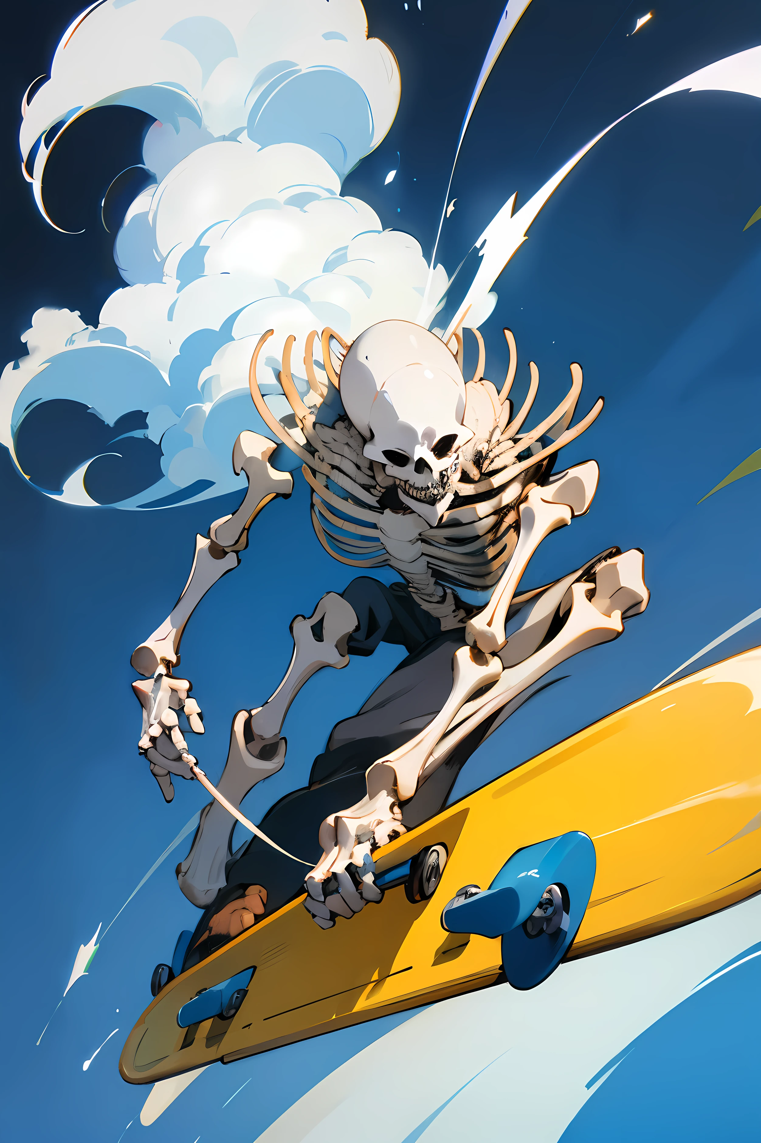 Anime skeleton riding a skateboard with clouds on a black half blue background