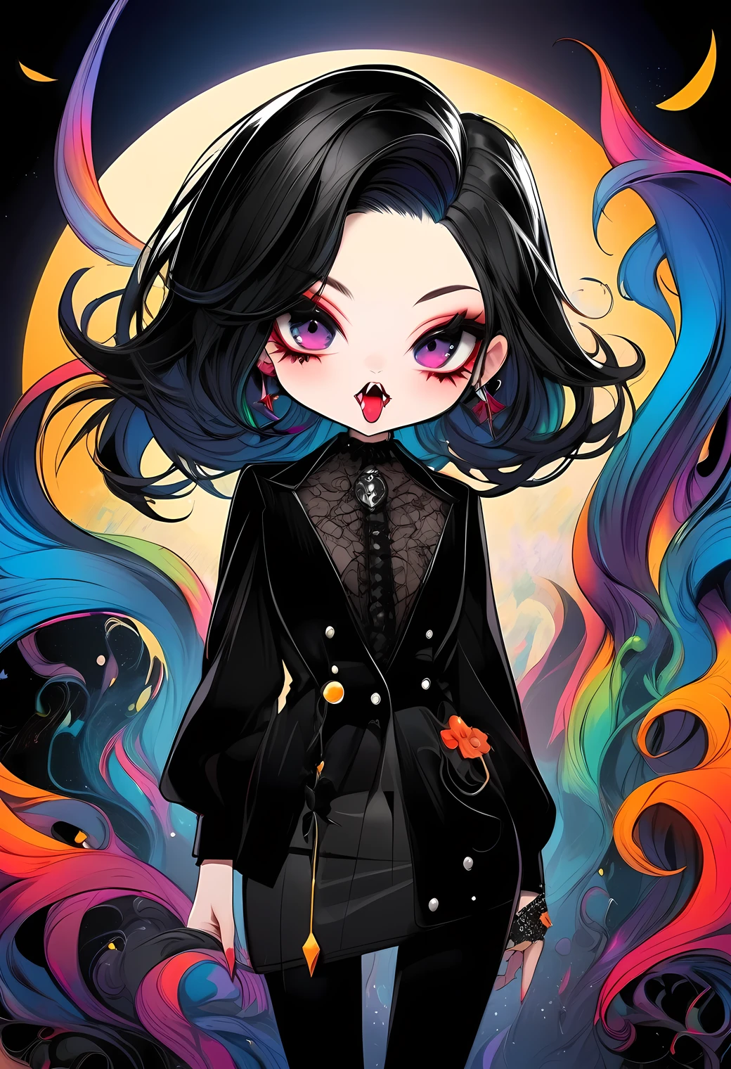 gothic style, masterpiece, highest quality, 16k, unbelievably absurd, very detailed, perfect beauty, beautiful vampiric cute girl(chibi:1.2) with pointy fangs, in a beautiful pose, jet black hair, modern sauvage bob hair, through bangs, vibrant colors illustration,raw photo, portrait