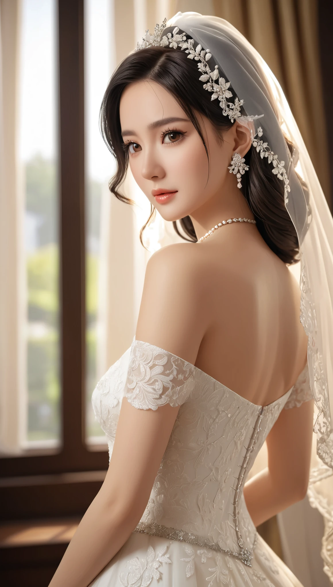 (masterpiece), best quality, best quality, Highly detailed CG Unity 8k wallpaper, The original, high resolution, (Depth of Field: 1.5), Honesty: 1.3, breast, bride portrait style, 1 girl, curtain, veil , bridal veil, Wedding dress, curtain, Jewelry, Solitary, earrings, teeth, bride, Black_hair
