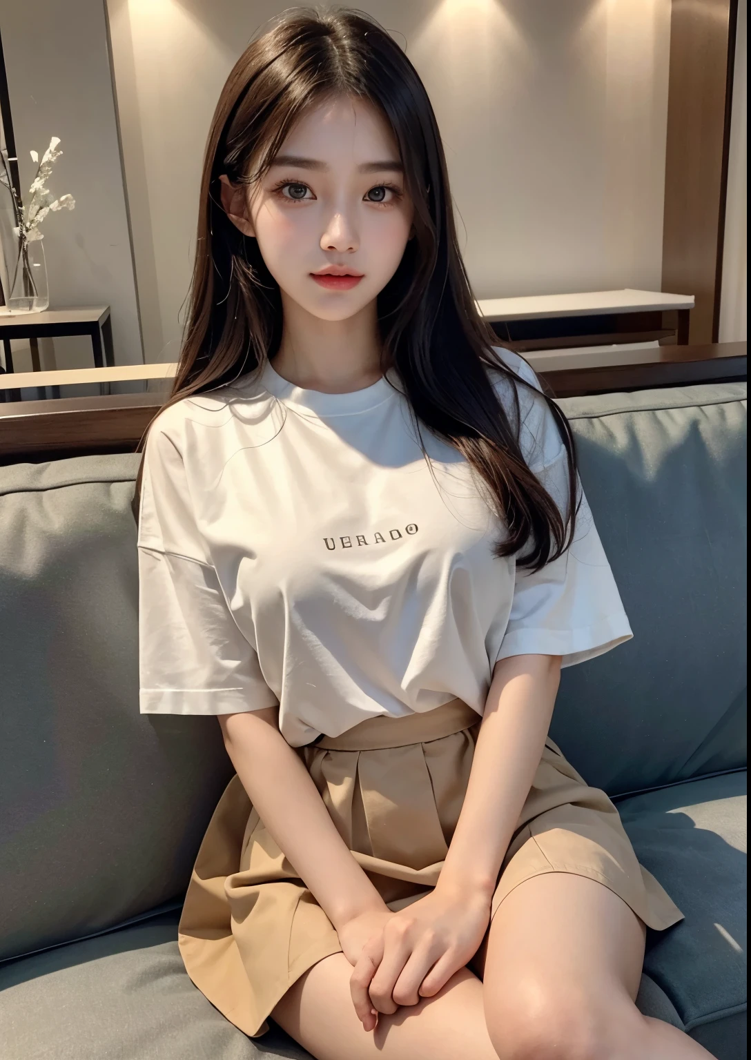 a very cute korean girl, girl,sitting in a luxury shopping mall,wearing a t-shirt and a tight peach skirt above her knees,beautiful detailed eyes,beautiful detailed lips,extremely detailed face and eyes,long eyelashes,photorealistic,highly detailed,masterpiece,8k,realistic,vibrant colors,warm lighting,intricate details,elegant pose,fashionable outfit,beautiful skin,natural expression, UHD, realistic 