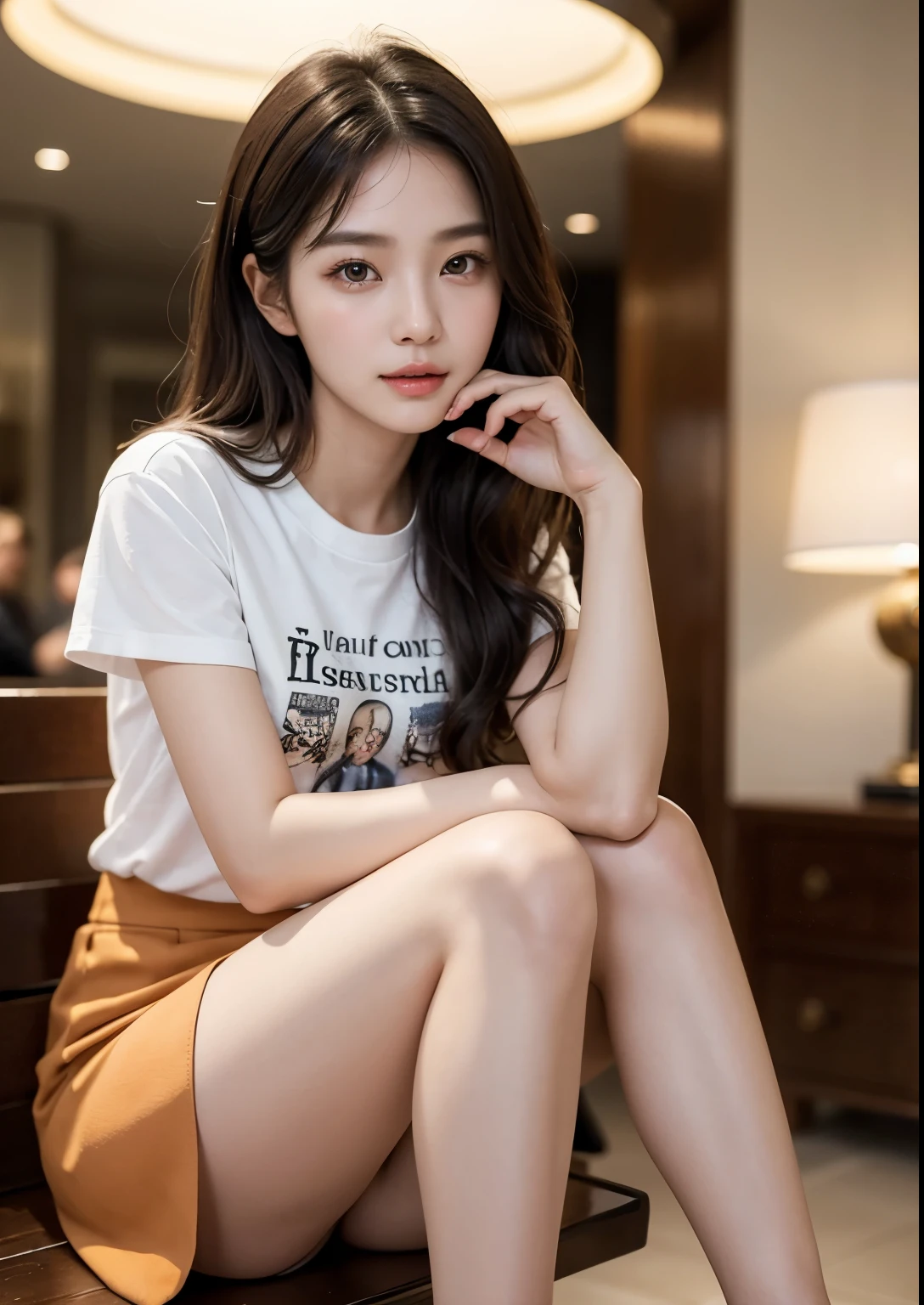 a very cute korean girl, girl,sitting in a luxury shopping mall,wearing a t-shirt and a tight peach skirt above her knees,beautiful detailed eyes,beautiful detailed lips,extremely detailed face and eyes,long eyelashes,photorealistic,highly detailed,masterpiece,8k,realistic,vibrant colors,warm lighting,intricate details,elegant pose,fashionable outfit,beautiful skin,natural expression, UHD, realistic 