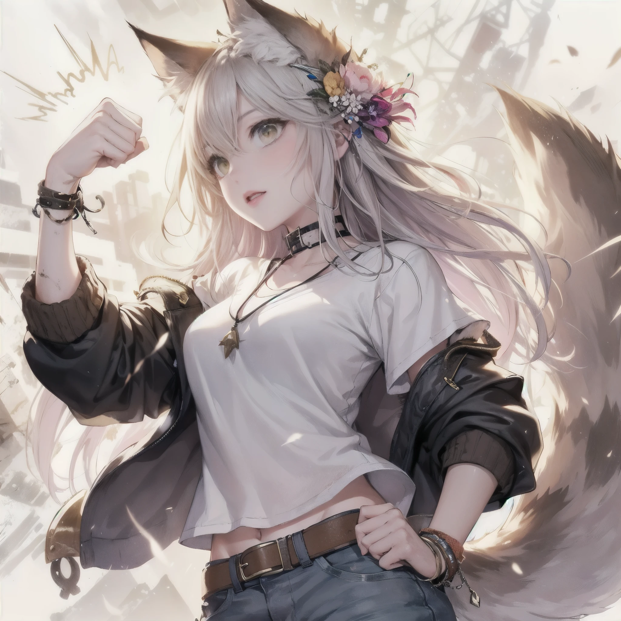 A fantasy Wasteland battles hand-in-hand through a wasteland full of pitfalls. The camera zooms in on the girl, capturing her determination. The cool girl, with wolf ears,wolf tail,  wears thin leather armor and dark cloak. As the zoom progresses, the focus shifts to her hands, highlighting the worn and weathered textures that symbolize her journey and the hardships she has endured. This message is realized in a mixed-media sculptural style, combining elements of metalwork and textile art to represent the characters and their resilience in three-dimensional form.