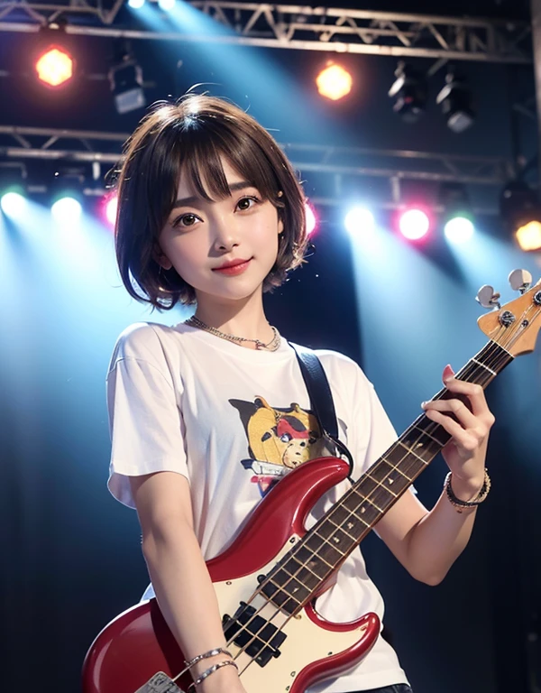 ((highest quality))、(masterpiece:1.4)、RAW Photos、8k、((Best image quality))、 ((High resolution))、Beautiful face in every detail、Realistic human skin、Gentle expression、(One Woman:1.3 )、Realistic、Photorealistic、(Very short hair:1.4)、(Playing the bass guitar:1.3)、(on stage:1.3)、((perform at a live concert))、Stand microphone、Wristband、bracelet、(Live Music)、(concert)、rock band、(Beautiful woman)、(Cute Japanese Girl)、(boyish:1.3)、(mannish)、((Beautiful woman))、(Beautiful Hair)、((Dark brown hair))、(((Red cheeks)))、(Big eyes:1.3)、40 year old beauty、(Her face is small:1.5 )、Small Head、((Long neck))、White skin、Immaculate skin、With bangs、Everyone praises、日本のBeautiful woman、((8 heads))、(necklace)、(Music Festival:1.4)、((blue sky))、singer、(concert t-shirt)、smile、(Larger clothes:1.3)、Happy expression、