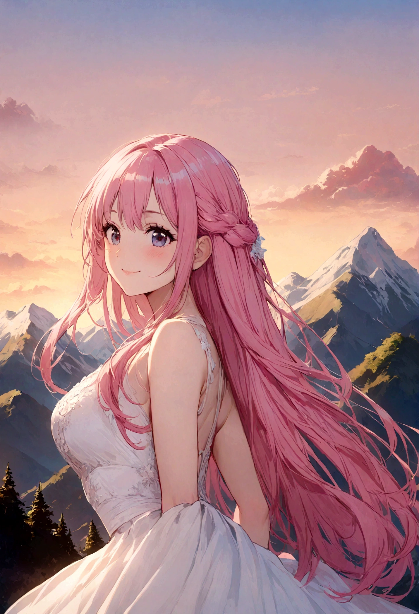 Girl, pink hair, long hair, full heaight, (mountain background:1.4), beautifull sky, smile face