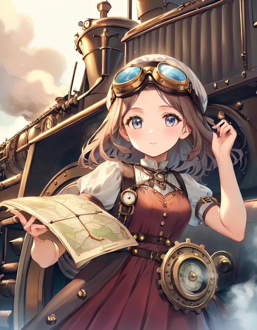 (close up face:1.5), steampunk style A little princess’s journey. a little princess boarding a massive steam locomotive. Her dress is adorned with copper and brass decorations, and she wears small goggles on her head. Her eyes sparkle with anticipation for a new adventure, and in her hand, she holds a map and an old-fashioned compass. The locomotive puffs out smoke, and the sound of the whistle echoes as it departs from the station. The people around her wave goodbye, honoring her bravery and adventurous spirit. . antique, mechanical, brass and copper tones, gears, intricate, detailed