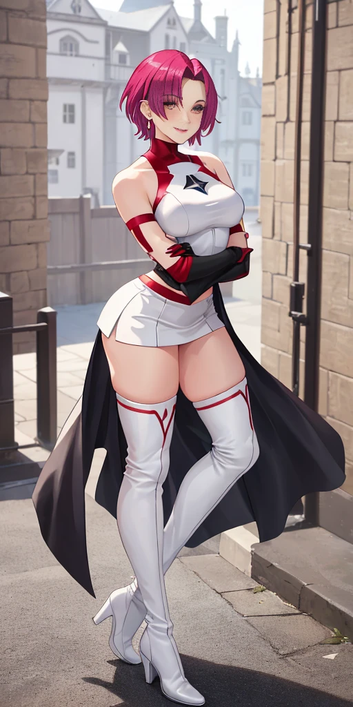 (((1 girl))) short hair, earings ,glossy lips ,team rocket uniform, red letter R, white skirt, white crop top, black thigh-high boots, black elbow gloves, evil smile, looking at viewer, cowboy shot, arms crossed, full body photo Mercedes von Martritz (Fire Emblem: Three Houses)