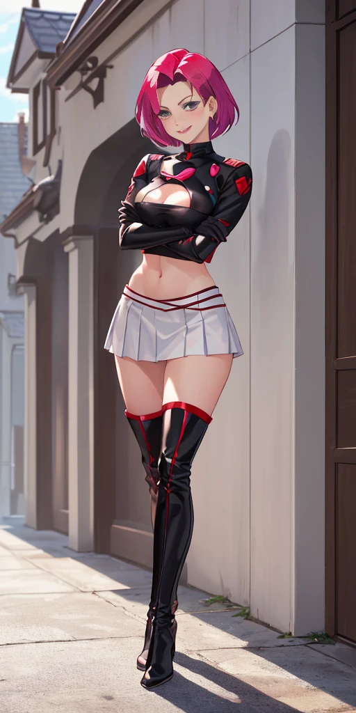 (((1 girl))) short hair, earings ,glossy lips ,team rocket uniform, red letter R, white skirt, white crop top, black thigh-high boots, black elbow gloves, evil smile, looking at viewer, cowboy shot, arms crossed, full body photo Mercedes von Martritz (Fire Emblem: Three Houses)