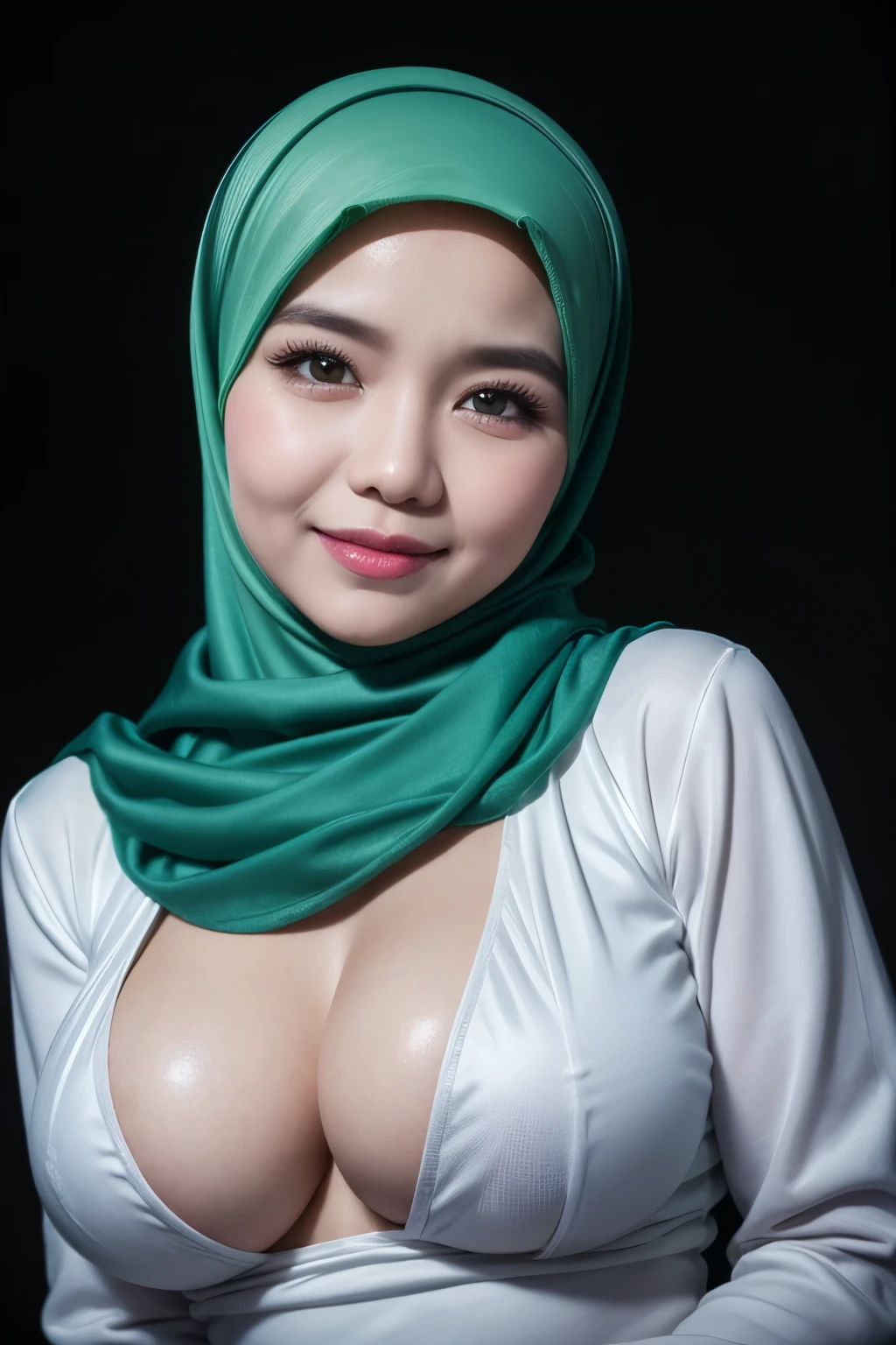 ((Old lady:1.3)), (((HIJAB))), matured malay woman in hijab wearing sexy satin light green fluorescence color pajamas portrait photography, mid shot photo, ultra detail, professional photograph with professional lighting, smile, light blue studio background, sexy seducing pose, curvy, (((BOOBS)))