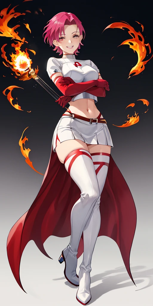 (((1 girl))) short hair, earings ,glossy lips ,team rocket uniform, red letter R, white skirt, white crop top, black thigh-high boots, black elbow gloves, evil smile, looking at viewer, cowboy shot, arms crossed, full body photo Mercedes von Martritz (Fire Emblem: Three Houses)