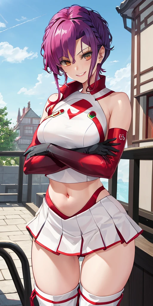 (((1 girl))) short hair, earings ,glossy lips ,team rocket uniform, red letter R, white skirt, white crop top, black thigh-high boots, black elbow gloves, evil smile, looking at viewer, cowboy shot, arms crossed, full body photo Mercedes von Martritz (Fire Emblem: Three Houses)