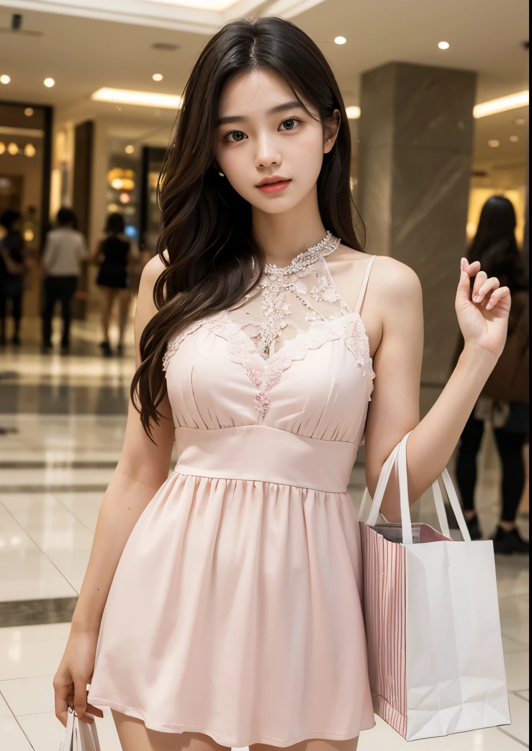 A beautiful cute and sweet 15-year-old Korean girl standing in a mall shopping for clothes, wearing a short pink sweetheart mini dress, detailed facial features, large expressive eyes, long eyelashes, detailed lips, elegant pose, detailed dress folds and textures, detailed shopping mall interior, bright lighting, vibrant colors, photorealistic, 8k, high resolution, intricate details, masterpiece, digital art, realistic, 