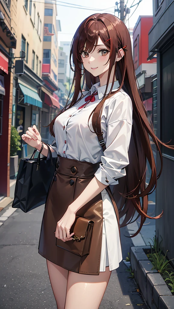 masterpiece, best quality, insanely detailed, anime style, a gir, anime, seductive anime girl, attractive anime girl,  Fine details, female anime character, Medium chest、Cowboy Shot、Long Hair、brown hair, shiny hair, ((Red hairpin)), light brown eyes, hair over one eye、business suit, office lady, suit, smile, office Street、alley、Walking、With a tote bag, frog-sit on the floor