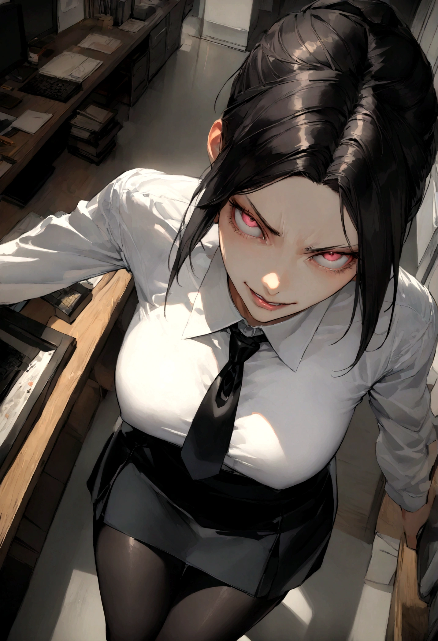 juri han, work of art, tight white secretary shirt with black tie, black high waist skirt, short skirt, black hair, black tights,evil smile,office,franja nos olhos,lighting,chifre de cabelos,view from above,olhando para cima
