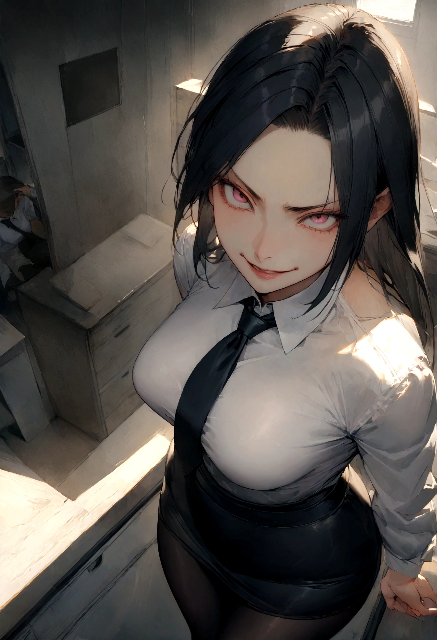 juri han, work of art, tight white secretary shirt with black tie, black high waist skirt, short skirt, black hair, black tights,evil smile,office,franja nos olhos,lighting,chifre de cabelos,view from above,olhando para cima
