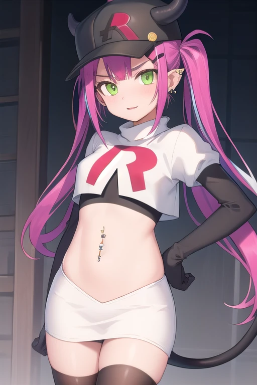 ((masterpiece)),(best quality),official art,extremely detailed CG,unity 8k wallpaper,ultra detailed,1girl,solo,cowboy shot,tokoyami towa,baseball cap,black headwear,colored inner hair,demon girl,demon tail,ear piercing,fake horns,green eyes,hair ornament,hairclip,hat,horned headwear,long hair,multicolored hair,navel piercing,pink hair,pointy ears,purple hair,sidelocks,twintails,streaked hair,tail ornament,tail piercing,team rocket,team rocket uniform,white skirt,red letter R,crop top,black thigh-highs,black elbow gloves