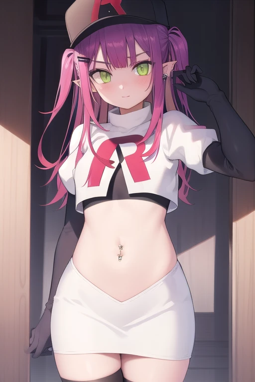 ((masterpiece)),(best quality),official art,extremely detailed CG,unity 8k wallpaper,ultra detailed,1girl,solo,cowboy shot,tokoyami towa,baseball cap,black headwear,colored inner hair,demon girl,demon tail,ear piercing,fake horns,green eyes,hair ornament,hairclip,hat,horned headwear,long hair,multicolored hair,navel piercing,pink hair,pointy ears,purple hair,sidelocks,twintails,streaked hair,tail ornament,tail piercing,team rocket,team rocket uniform,white skirt,red letter R,crop top,black thigh-highs,black elbow gloves