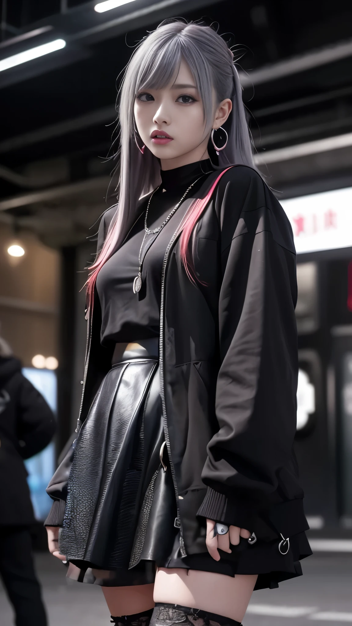 highest quality,High resolution、High resolution、( masterpiece),Gray Hair、Red mesh hair、ゴシックpunkの衣装、look up, Upper Body,Fair skin,(realism:1.5、Realistic、Photorealistic、Raw photo)、black、Expressionless、cool、wonderful、beautiful、necklace、Crossbody shoulder bag、Earrings、amount、Goth icskirt、Goth_punk, One Woman、alone, ((Midnight、Neon Town)), Looking at the audience,Leather clothing、Long sleeve, Portraiture, Side Lock、Realistic textured face and body、Super big boobs:1.3、Narrow waist、Knee-high boots、deep red lipstick、Swollen eyes、Thick lips、Red eyeshadow、超A high resolution 、SLR、Portrait、Dynamic Action、Dynamic Angle、Dynamic Pose、Anatomically correct、Degrees of Freedom:1.8、