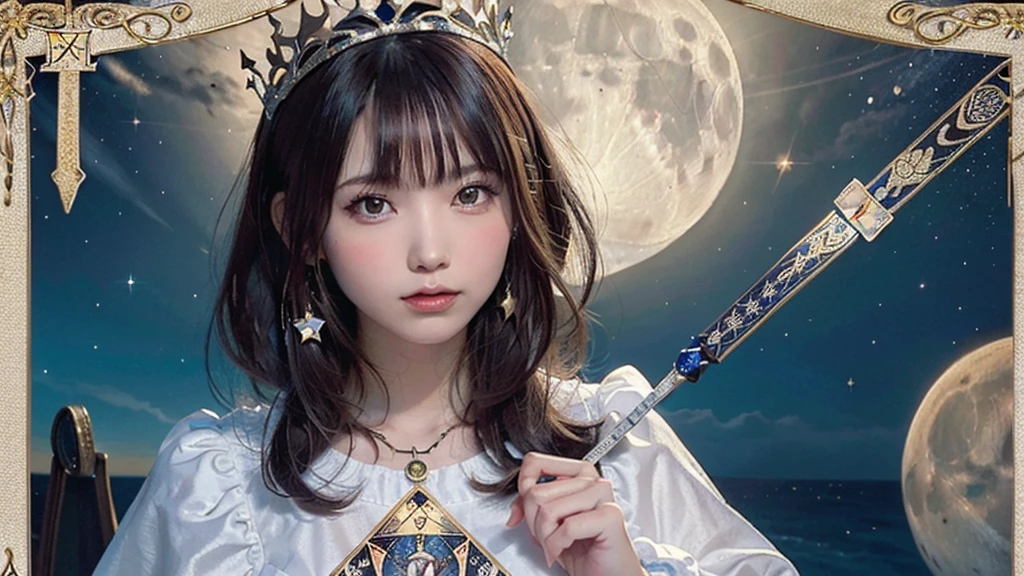 (Best image quality),(Very detailed explanation),One girl,Crown on head,Dressed in ancient fairy costume,Scepter in hand,(Esbian all over),(Very perfect body structure),(Extremely detailed and flawless facial depiction),(Extremely detailed facial features),青いstar空,(Very large moon close up),The moonlight shines through the clouds,star(Sparkling),clothing(Glittering), (The image is surrounded by a tarot card-style frame.:1.5),(masterpiece),(Great results),(8k wallpaper),(Best photo award),myth,Fantasy Theme,Surreal Realism,Realistically